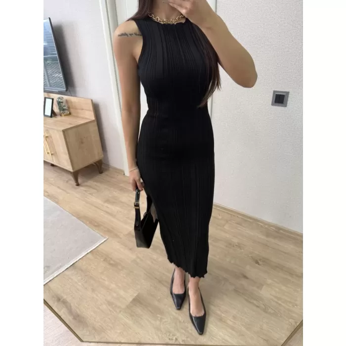 Fitilli Triko Elbise Maxi Uzun boy - Siyah
