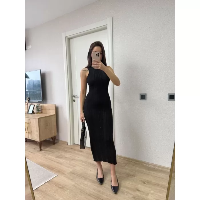Fitilli Triko Elbise Maxi Uzun boy - Siyah