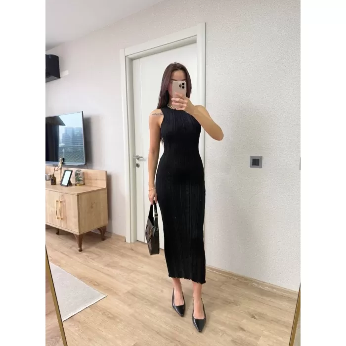 Fitilli Triko Elbise Maxi Uzun boy - Siyah