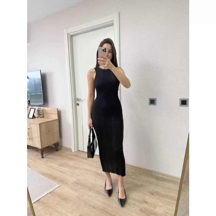 Fitilli Triko Elbise Maxi Uzun boy - Siyah