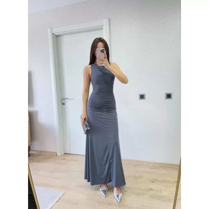 Kolsuz Büzgülü Uzun Elbise - Füme