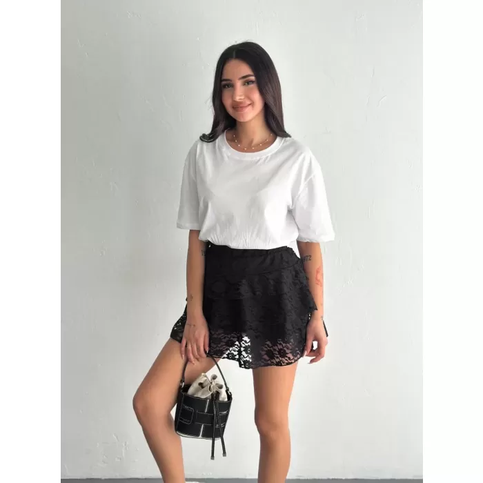 Dantel Şortlu Etek - Siyah