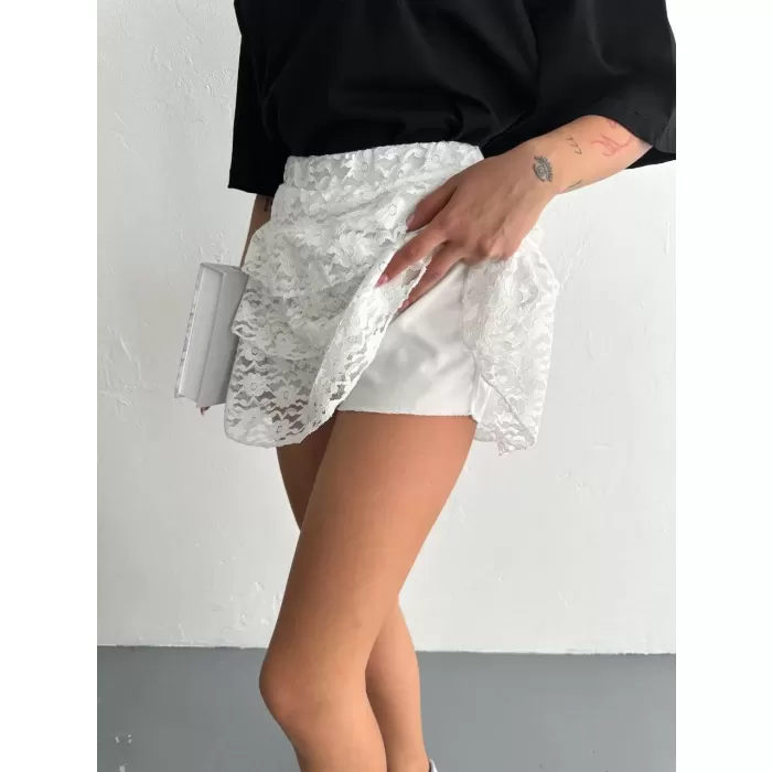 Dantel Şortlu Etek - Beyaz