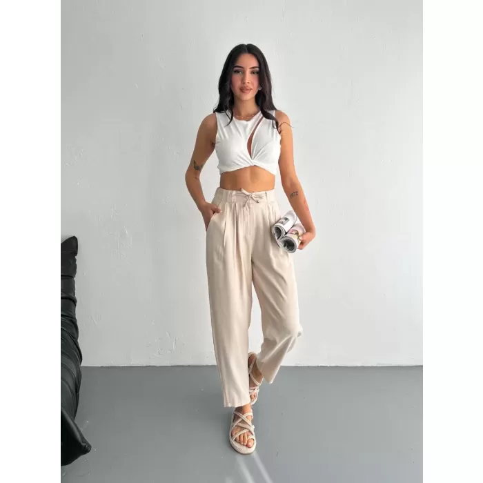 Kadın Yüksel Bel Rahat Paça Pantalon - Kırık Beyaz