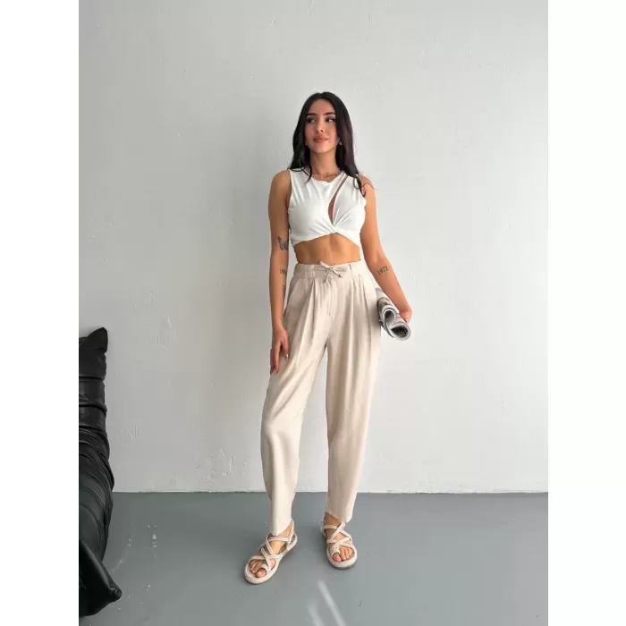 Kadın Yüksel Bel Rahat Paça Pantalon - Kırık Beyaz