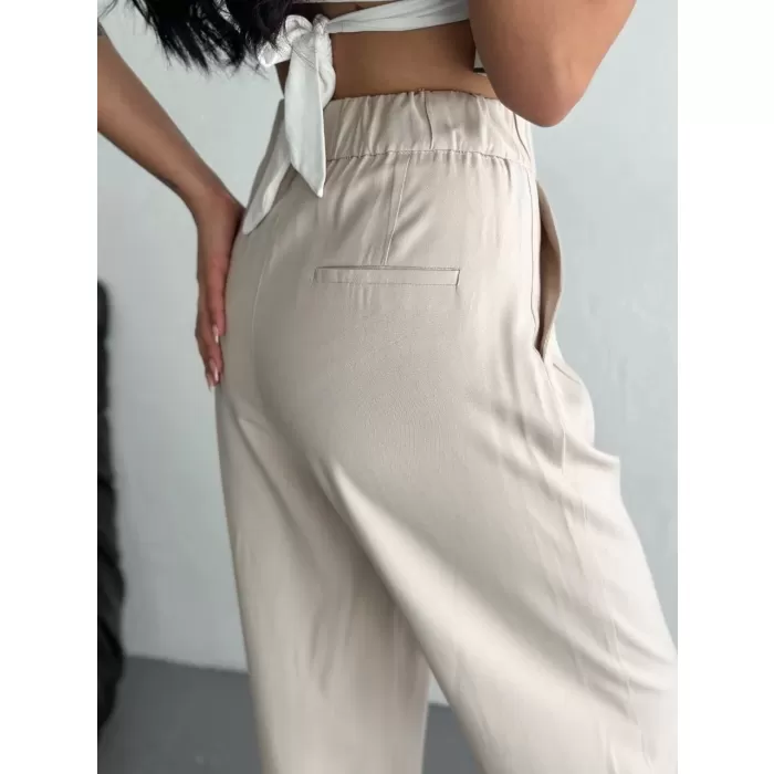 Kadın Yüksel Bel Rahat Paça Pantalon - Kırık Beyaz