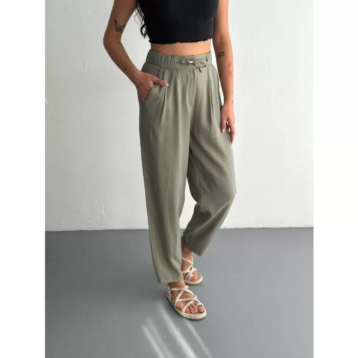 Kadın Yüksel Bel Rahat Paça Pantalon - Su Yeşili
