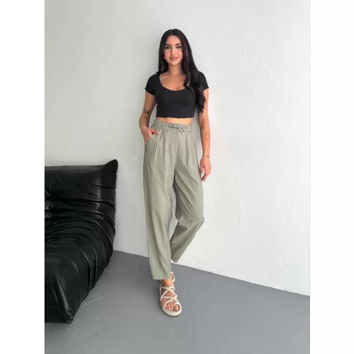 Kadın Yüksel Bel Rahat Paça Pantalon - Su Yeşili