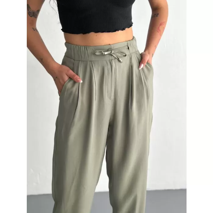 Kadın Yüksel Bel Rahat Paça Pantalon - Su Yeşili
