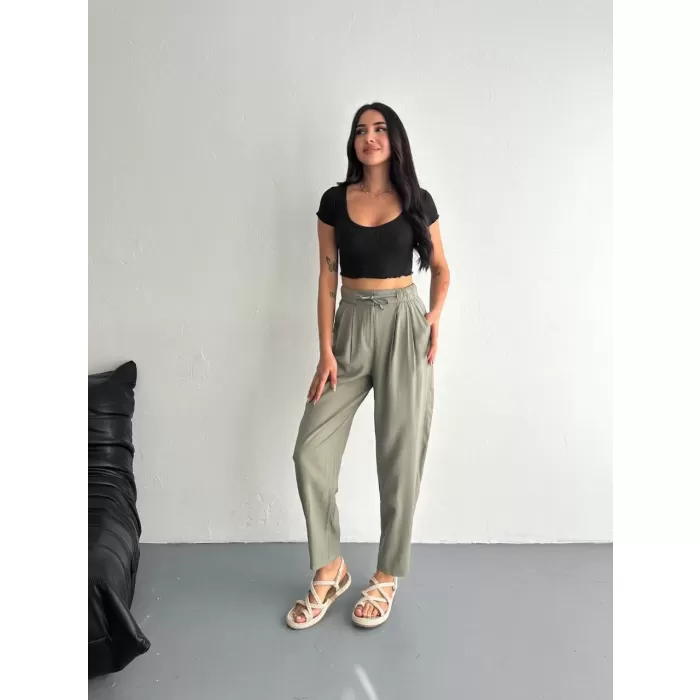 Kadın Yüksel Bel Rahat Paça Pantalon - Su Yeşili