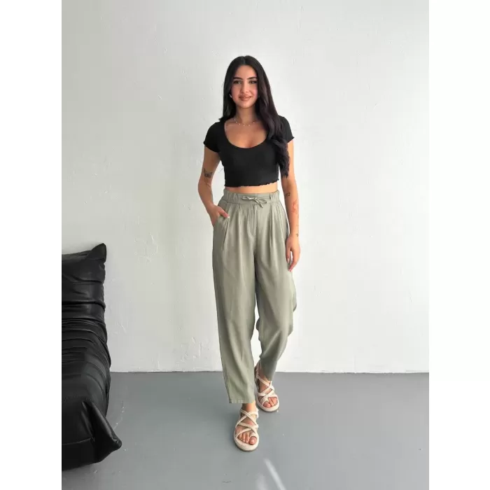 Kadın Yüksel Bel Rahat Paça Pantalon - Su Yeşili
