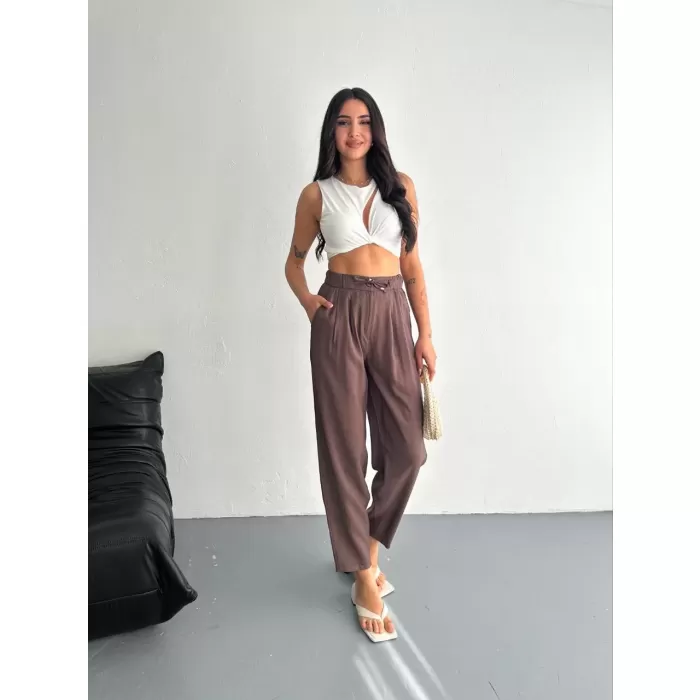 Kadın Yüksel Bel Rahat Paça Pantalon - Kahverengi