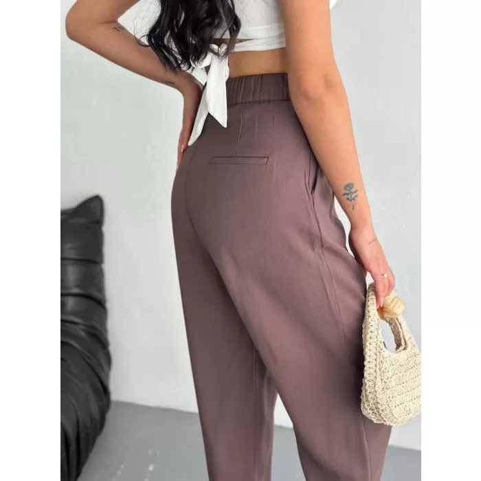 Kadın Yüksel Bel Rahat Paça Pantalon - Kahverengi