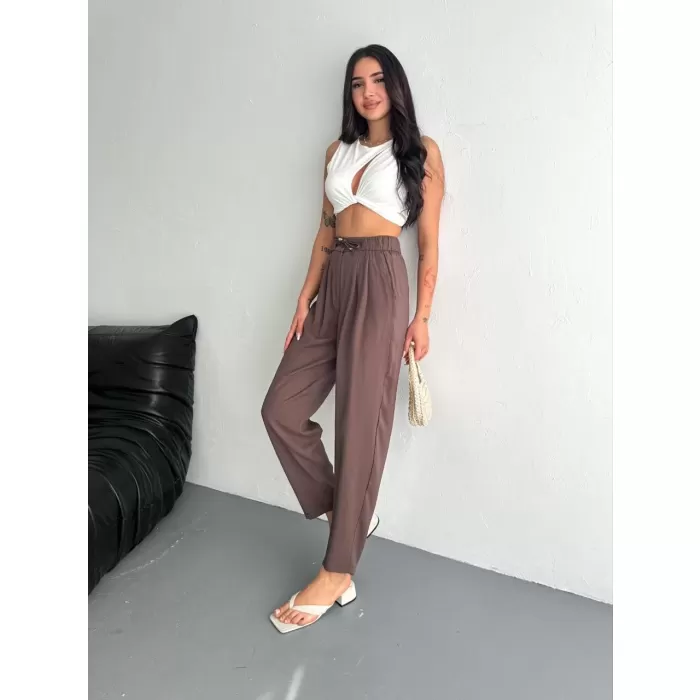 Kadın Yüksel Bel Rahat Paça Pantalon - Kahverengi