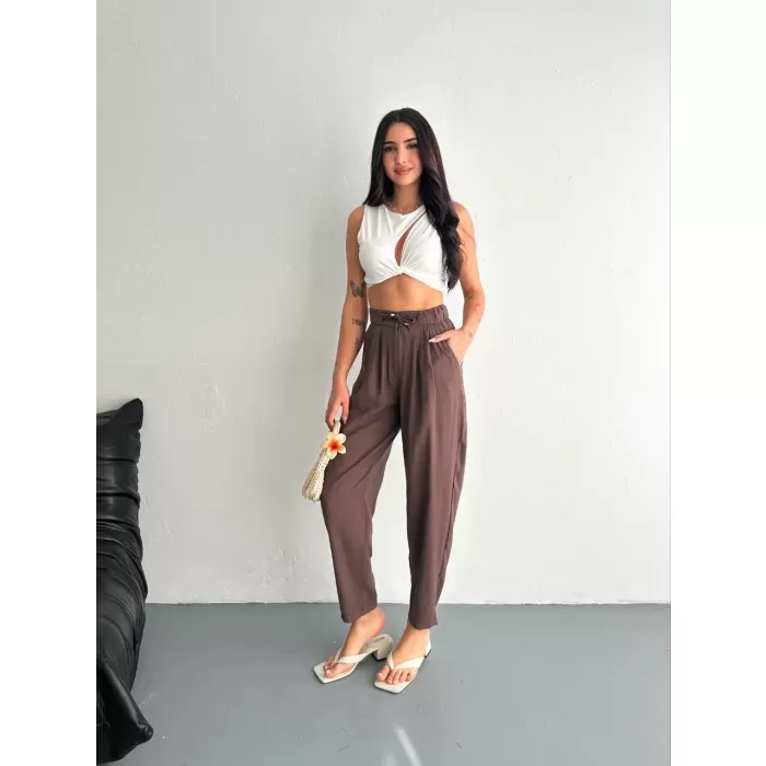 Kadın Yüksel Bel Rahat Paça Pantalon - Kahverengi
