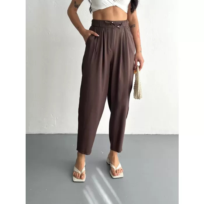 Kadın Yüksel Bel Rahat Paça Pantalon - Kahverengi