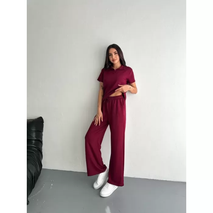 Osy Modal Yumuşak Dokulu Kumaş Kısa Kollu Yakalı T-shirt Pantalon ikili Takım- Bordo