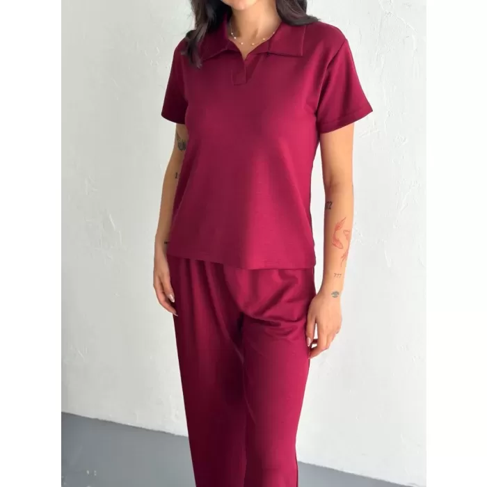 Osy Modal Yumuşak Dokulu Kumaş Kısa Kollu Yakalı T-shirt Pantalon ikili Takım- Bordo