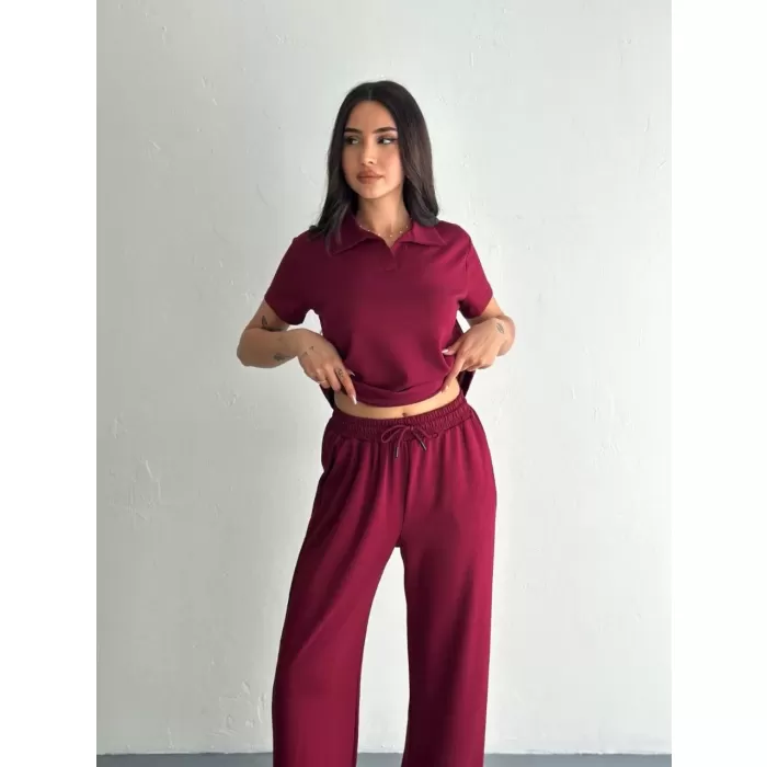 Osy Modal Yumuşak Dokulu Kumaş Kısa Kollu Yakalı T-shirt Pantalon ikili Takım- Bordo