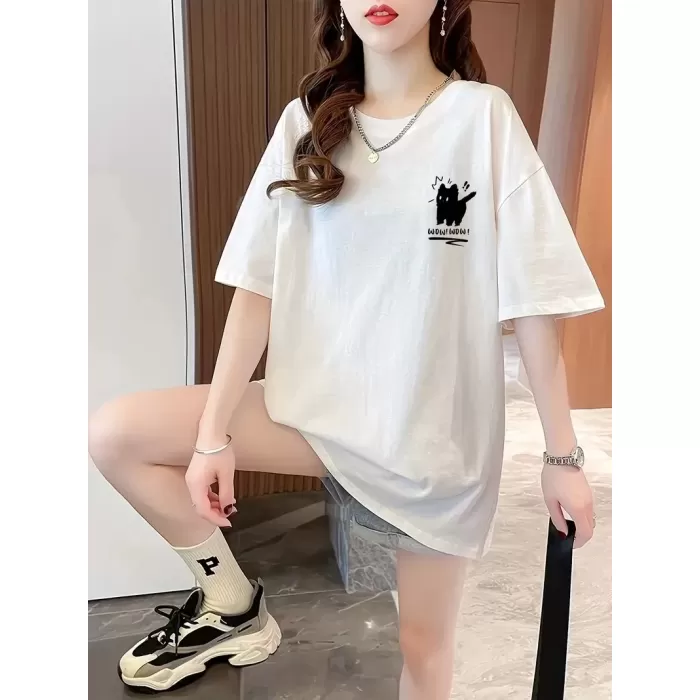 Tatlı Kedi Baskılı Oversize Bisiklet Yaka T-shirt - Beyaz
