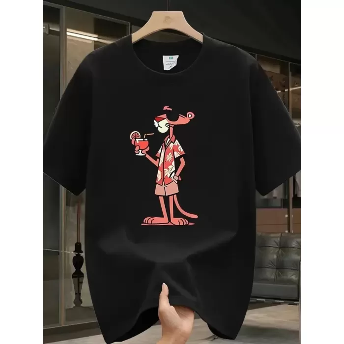 Pembe Panter Baskılı Erkek Oversize Günlük Kısa Kollu Tişört İlkbahar ve Yaz için Mükemmeldir - Siyah