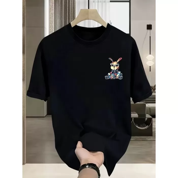 Güneş Gözlüğü Grafikli Karikatür Tavşan Oversize Kısa Kollu Tişört Çift Tişört, İlkbahar Ve Yaz- Siyah