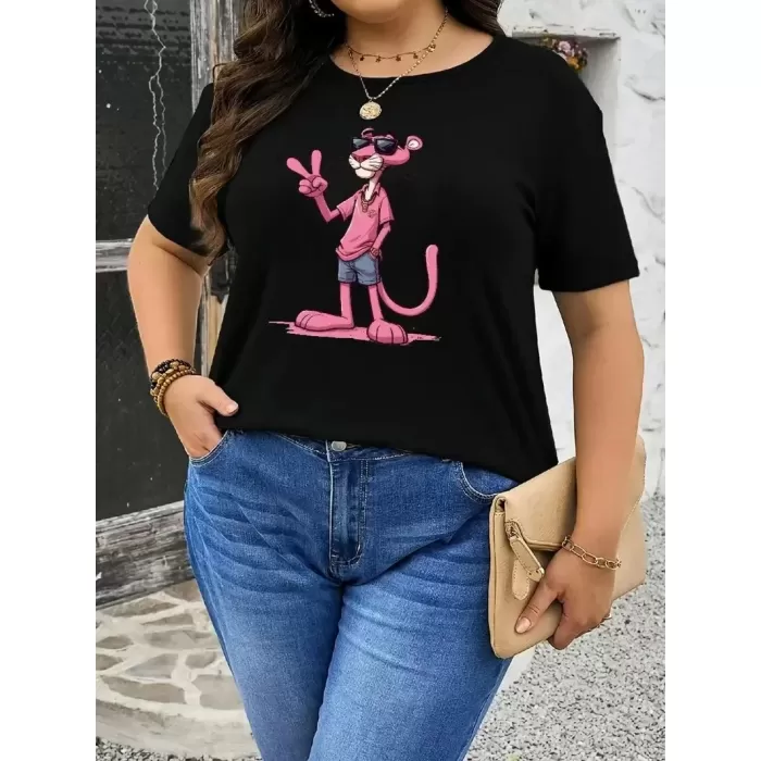 Pembe Panter Baskılı Oversize Bisiklet Yaka T-shirt - Beyaz
