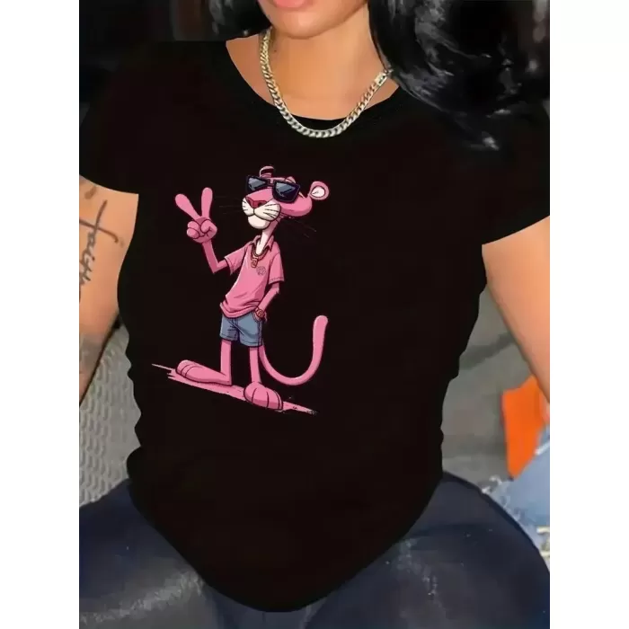 Pembe Panter Baskılı Oversize Bisiklet Yaka T-shirt - Beyaz