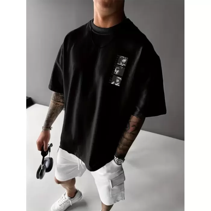 Benzersiz Sırt Baskılı Erkek Sokak Stili Bol Tişört - Nefes Alabilir Polyester, Makinede Yıkanabilir - Siyah