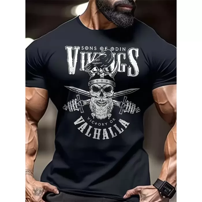 Vikings Valhalla Baskılı Oversize Bisiklet Yaka T-shirt - Siyah