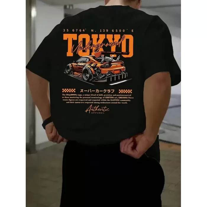 Erkek Turuncu Spor Araba Grafik Tişört - TOKYO Baskılı Günlük Oversize Kısa Kollu Tişört, Yetişkinler için Yazlık Giyim, Turuncu Araba Tasarımı- Siyah