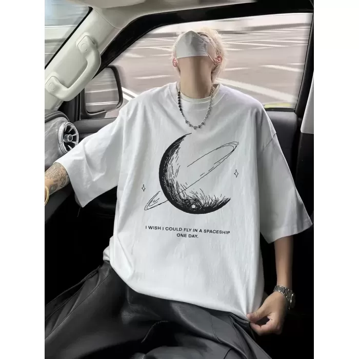 Erkekler için Siyah Tişört Grafik Genç Emo Vintage Gotik Rahat Büyük Beden Kısa Kollu Tişört Giysi Üst - Beyaz