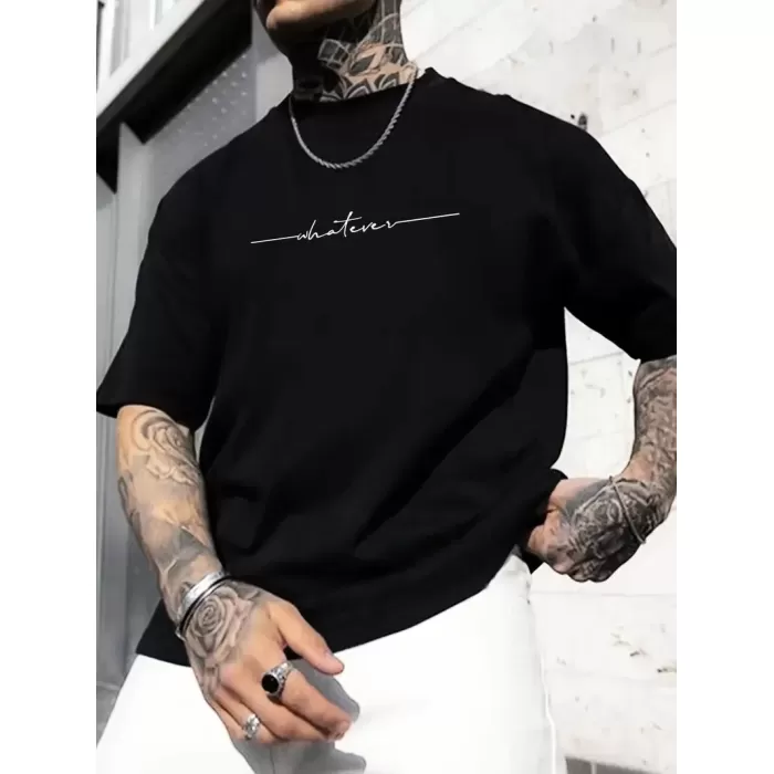 Büyük Beden Erkek Whatever Baskılı Tişört, Oversize Erkekler İçin Yaz Modası Kısa Kollu Tişörtler - Siyah
