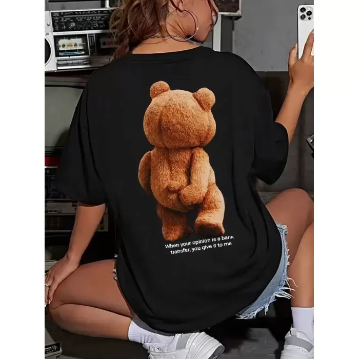 Büyük Boy Ayıcık Baskılı Bisiklet Yaka T-Shirt, İlkbahar & Yaz İçin Rahat Kısa Kollu T-Shirt, Kadın Giyim - Siyah