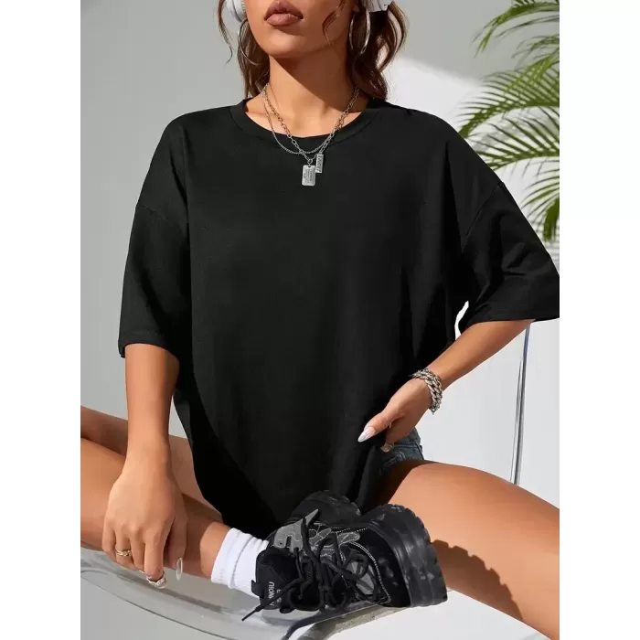 Büyük Boy Ayıcık Baskılı Bisiklet Yaka T-Shirt, İlkbahar & Yaz İçin Rahat Kısa Kollu T-Shirt, Kadın Giyim - Siyah