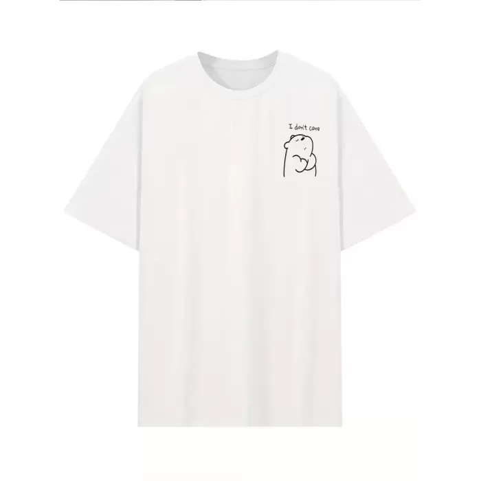 [Günlük T-Shirt] Hafif Kadın Günlük T-Shirt | Bol Kesim, Kısa Kollu, Yuvarlak Yaka, Eğlenceli Karikatür Ayı ve Umrumda Değil Baskı - Günlük Stil, İlkbahar/Yaz- Beyaz