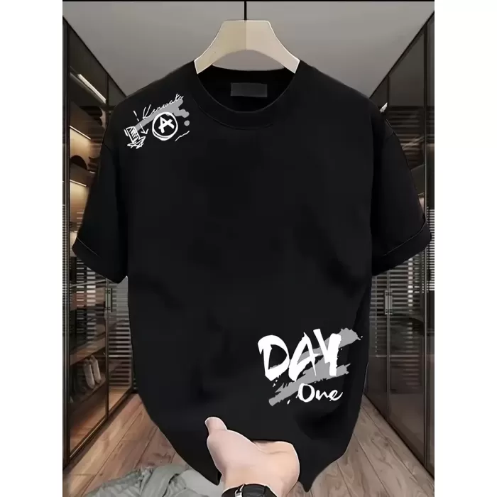 Day One Baskılı Oversize Bisiklet Yaka T-shirt - Siyah