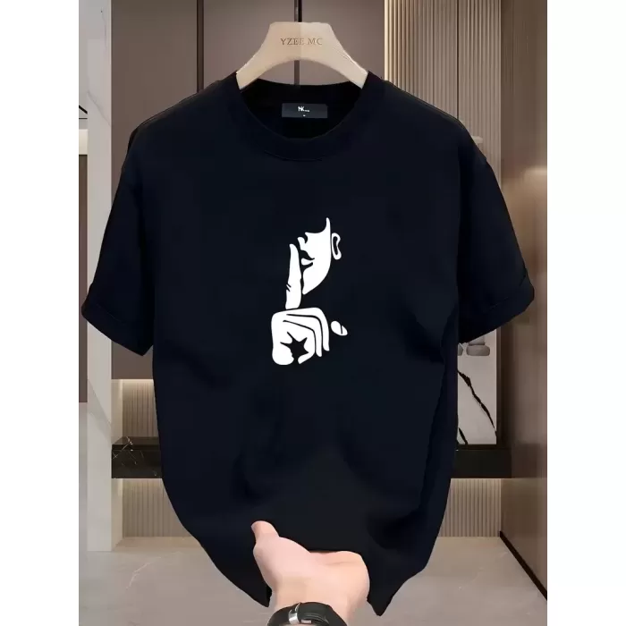 Rahat Bisiklet Yaka Tişört, Yaratıcı Karikatür Baskı - Yumuşak Polyester, Her Mevsim Giyilebilir- Siyah