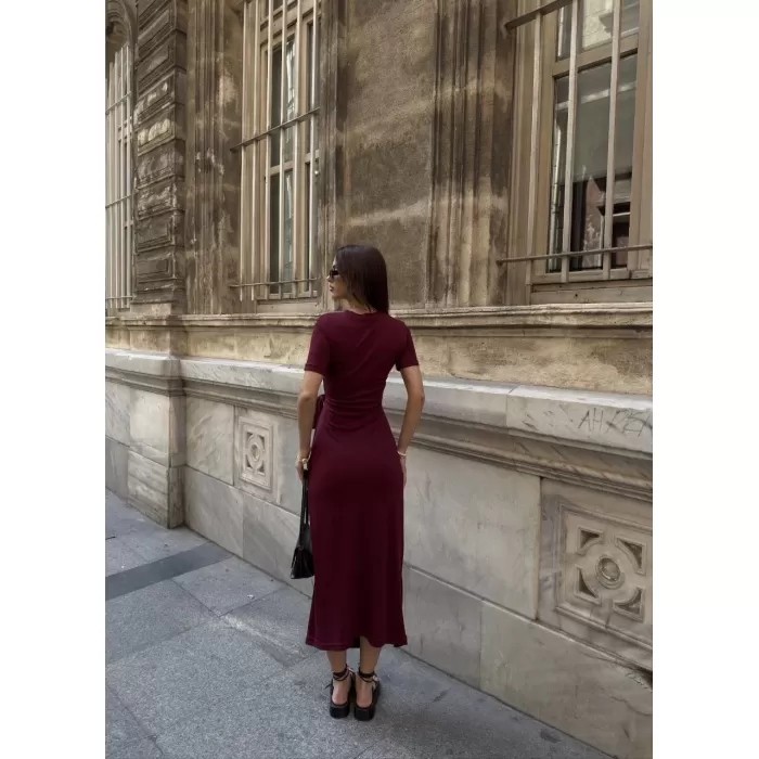 Osy Modal Yumuşak Dokulu Kumaş Bisiklet Yaka Kısa Kollu Kuşaklı Uzun Elbise - Bordo
