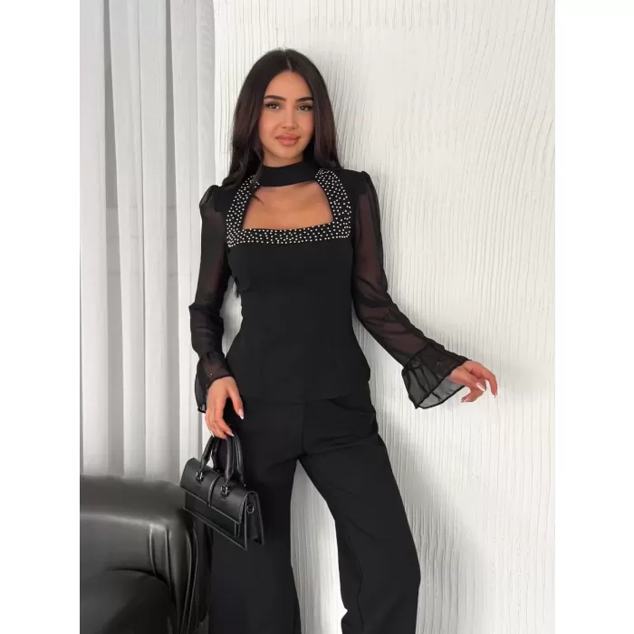 Kadın Kolları Şifon Göğüste İnci Boncuk detaylı Bluz - Siyah
