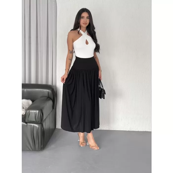 Sandy Uzun Yüksel Bel Etek - Siyah