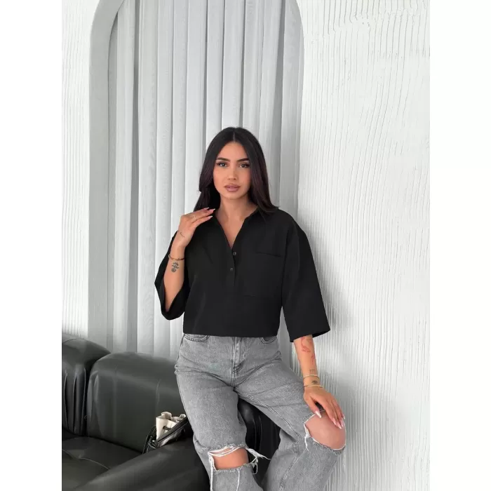 Kadın Crop Yakalı Gömlek Üç Çeyrek Sleeve Kol - Siyah