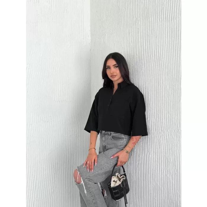 Kadın Crop Yakalı Gömlek Üç Çeyrek Sleeve Kol - Siyah