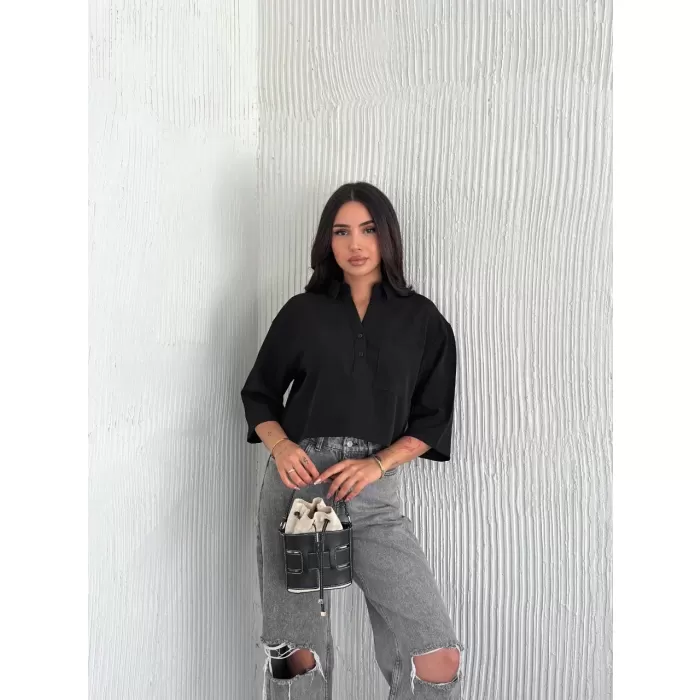 Kadın Crop Yakalı Gömlek Üç Çeyrek Sleeve Kol - Siyah