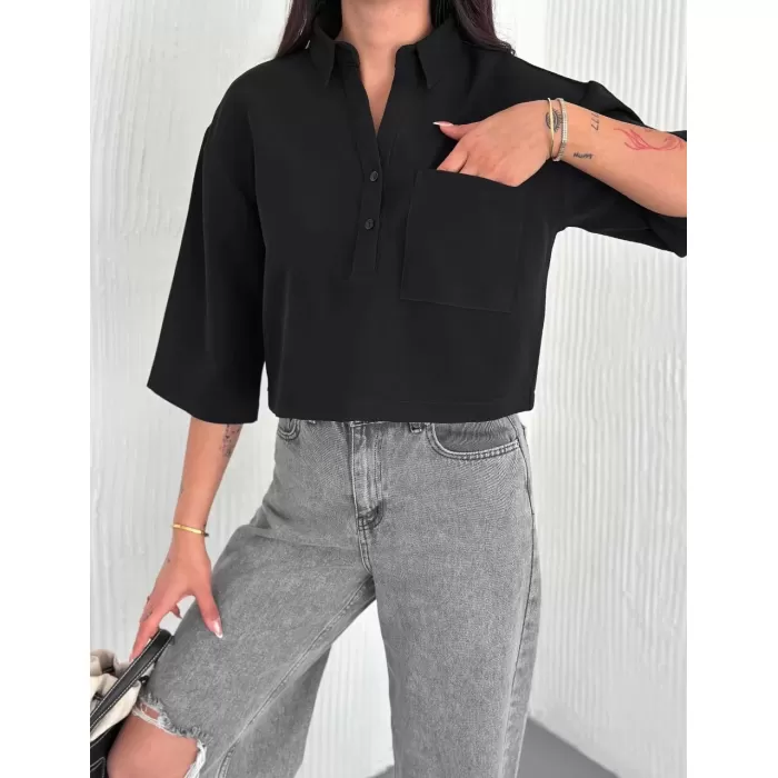 Kadın Crop Yakalı Gömlek Üç Çeyrek Sleeve Kol - Siyah