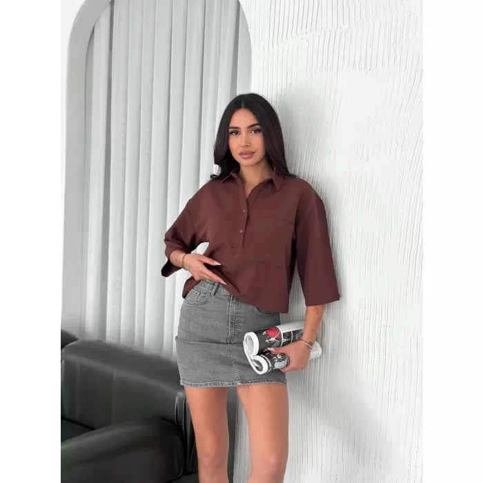 Kadın Crop Yakalı Gömlek Üç Çeyrek Sleeve Kol - Kahverengi