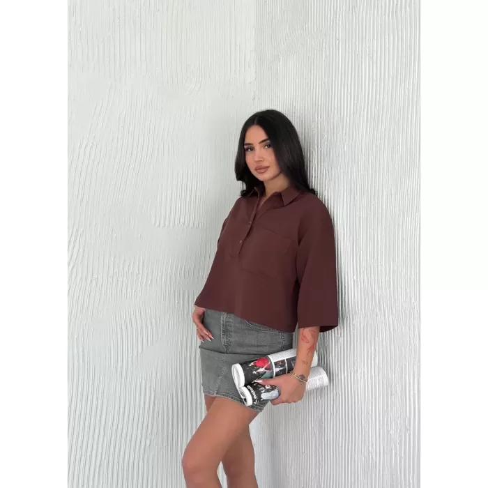 Kadın Crop Yakalı Gömlek Üç Çeyrek Sleeve Kol - Kahverengi