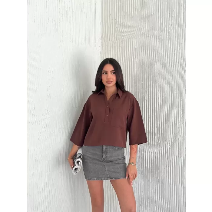 Kadın Crop Yakalı Gömlek Üç Çeyrek Sleeve Kol - Kahverengi