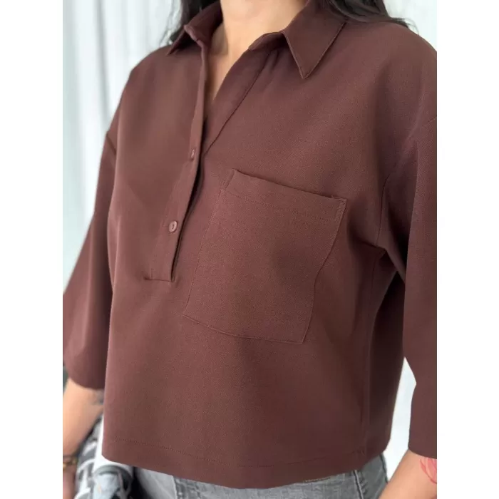Kadın Crop Yakalı Gömlek Üç Çeyrek Sleeve Kol - Kahverengi