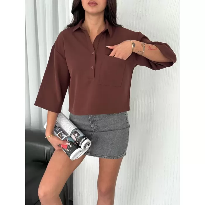 Kadın Crop Yakalı Gömlek Üç Çeyrek Sleeve Kol - Kahverengi